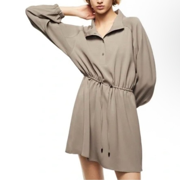 Zara Tan Flowy Mini Dress Button Front Drawstring Waist Tie Taupe Size Medium - Picture 1 of 6